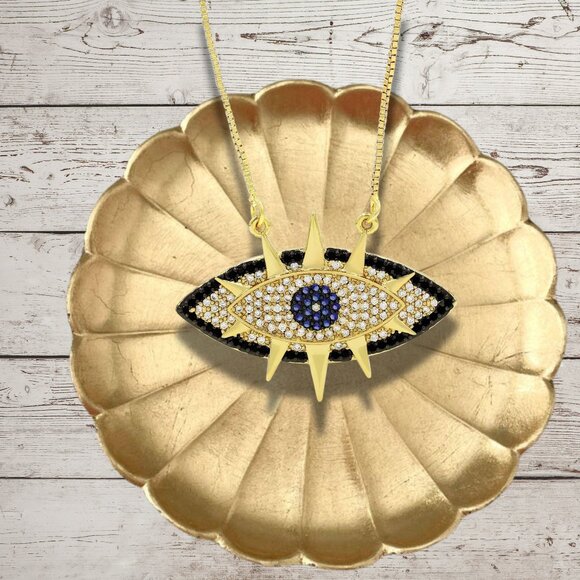 18K Gold Filled Evil Eye Protection Cubic Zirconia Pendant Chain Necklace NEW - Picture 3 of 8